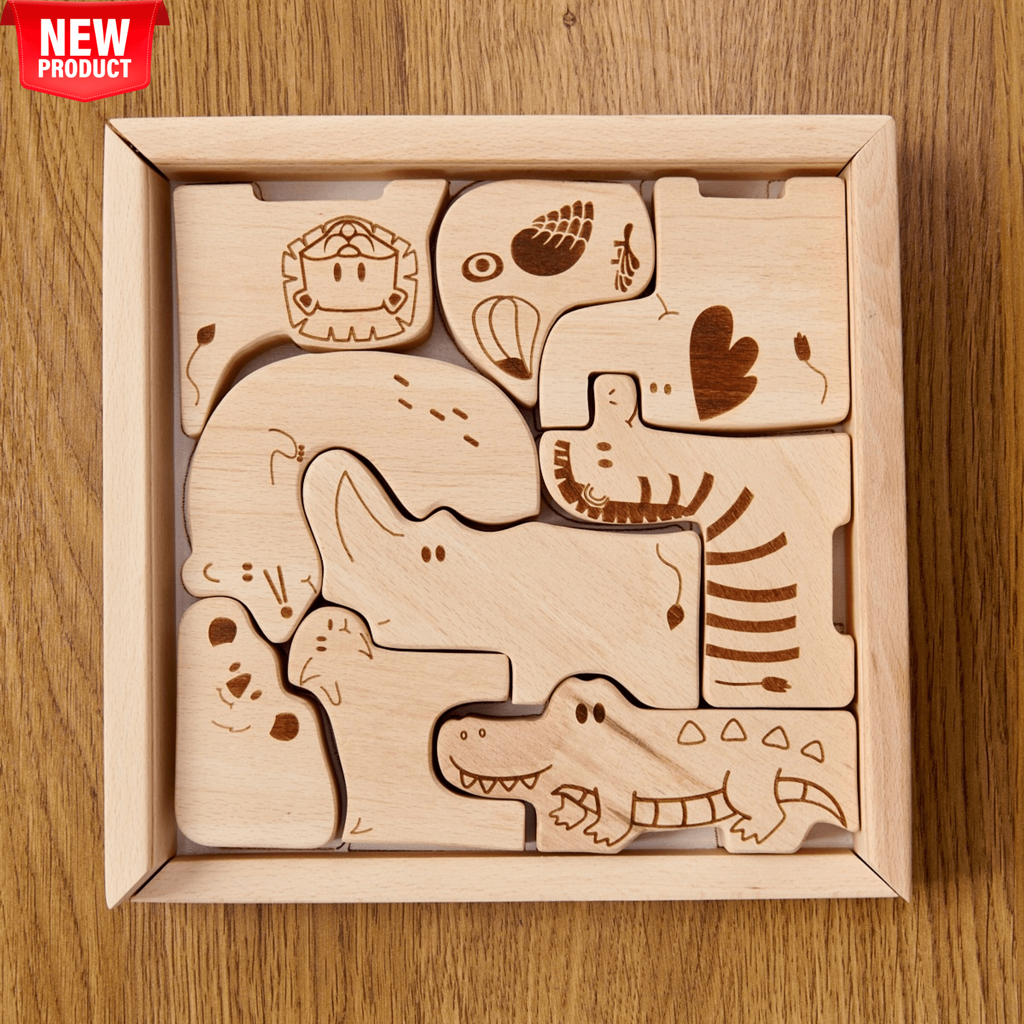 Wooden Safari Animal Puzzle Box for toddlers, featuring handcrafted safari animals in a kid-friendly design.