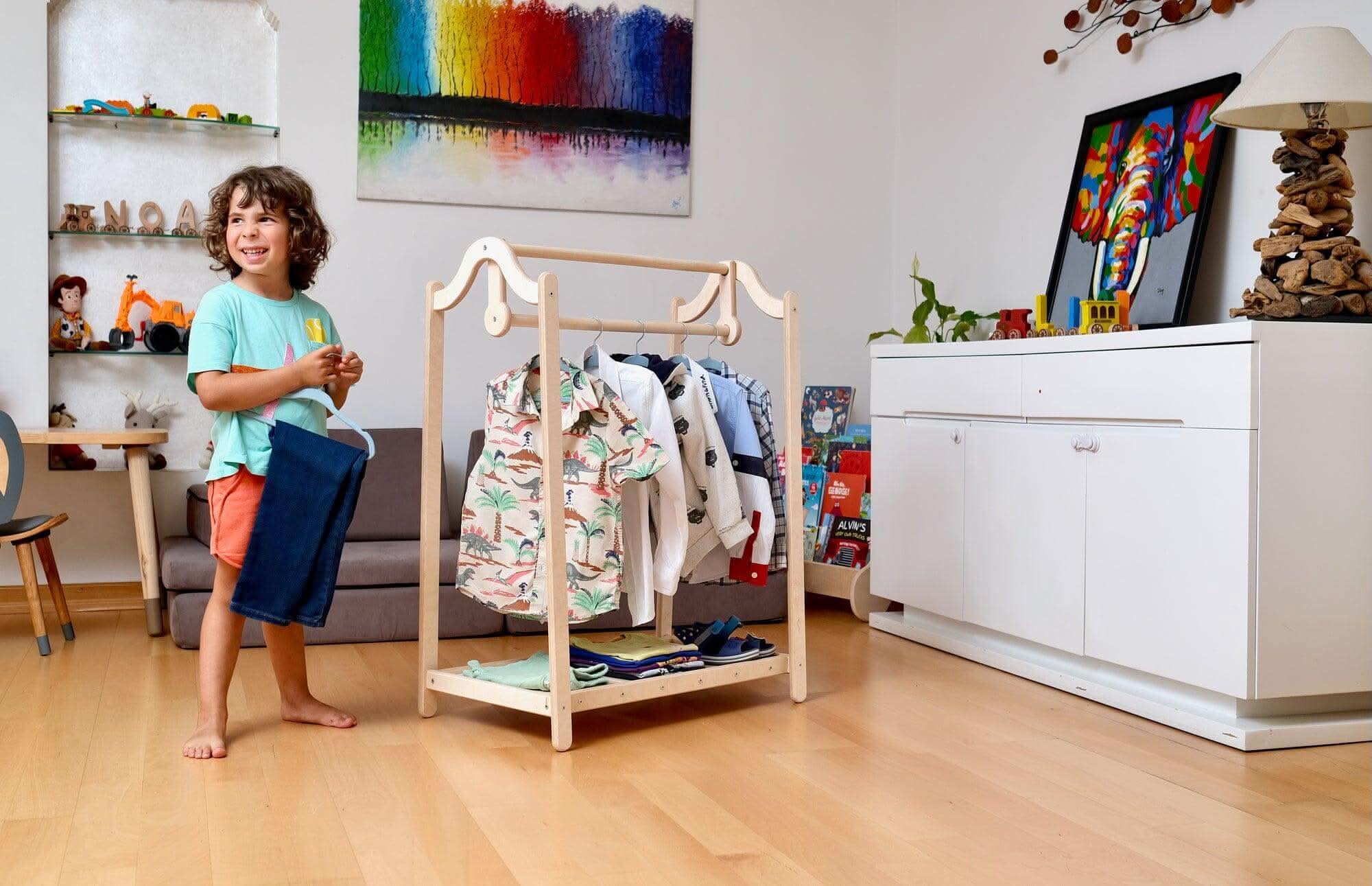 Stylish and Functional: Wooden Clothing Racks for Kids\' Rooms