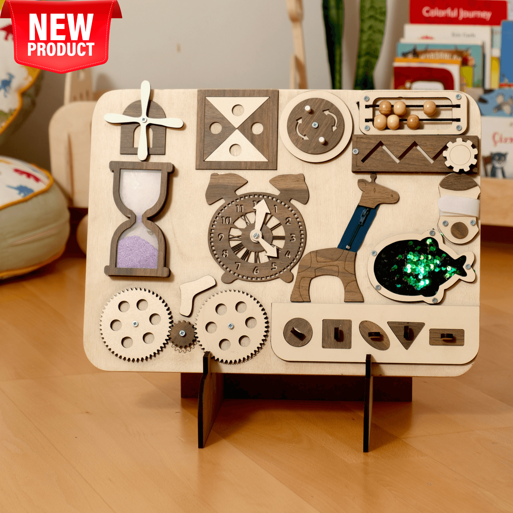 Wooden Busy Board for toddlers, featuring gears, a clock, hourglass, and sensory activities for hands-on learning.