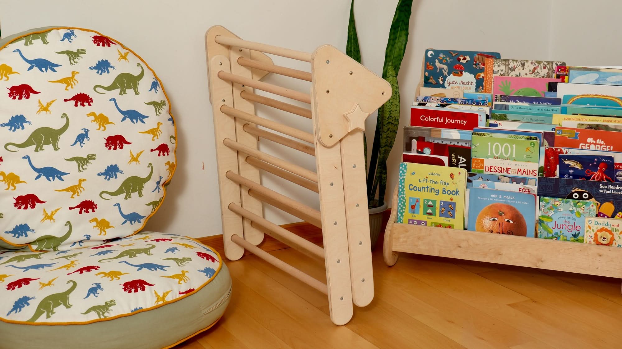 Montessori indoor playground setup with a colorful dinosaur cushion and wooden climbing arch alongside a book display.
