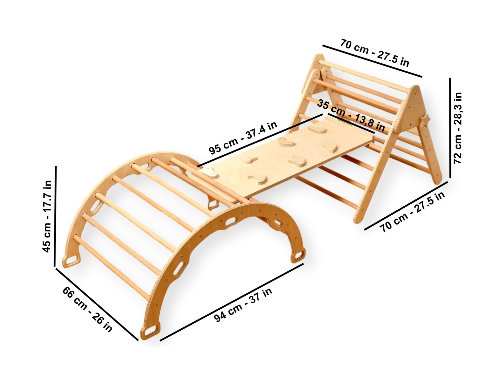 Montessori climbing set with dimensions, including Pikler triangle and climbing arch for toddlers