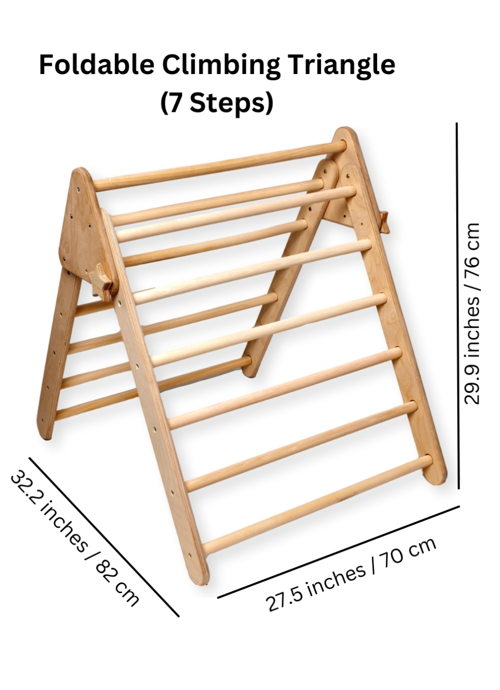 Foldable Montessori climbing triangle with 7 steps, dimensions 32.2" high, 27.5" wide, perfect for toddler play and balance.
