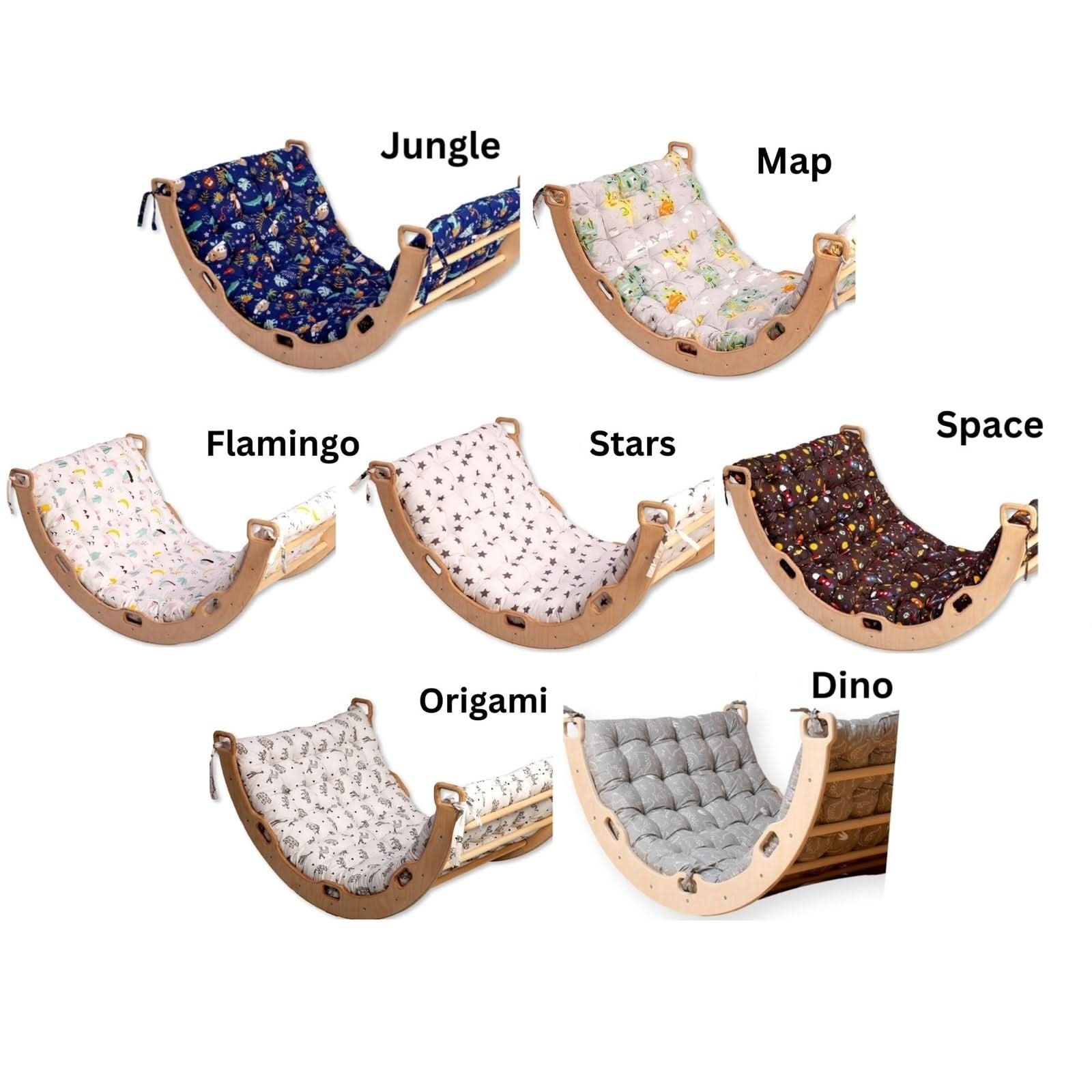 Montessori wooden rocker styles: Jungle, Map, Space, Flamingo, Stars, Origami, and Dino designs.