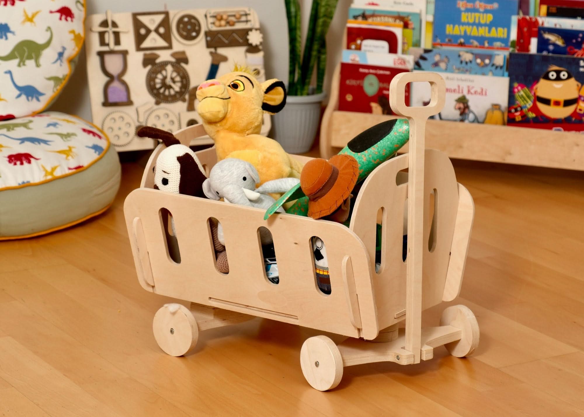 Montessori wooden toy storage organizer with plush toys, eco-friendly design for kids playroom.