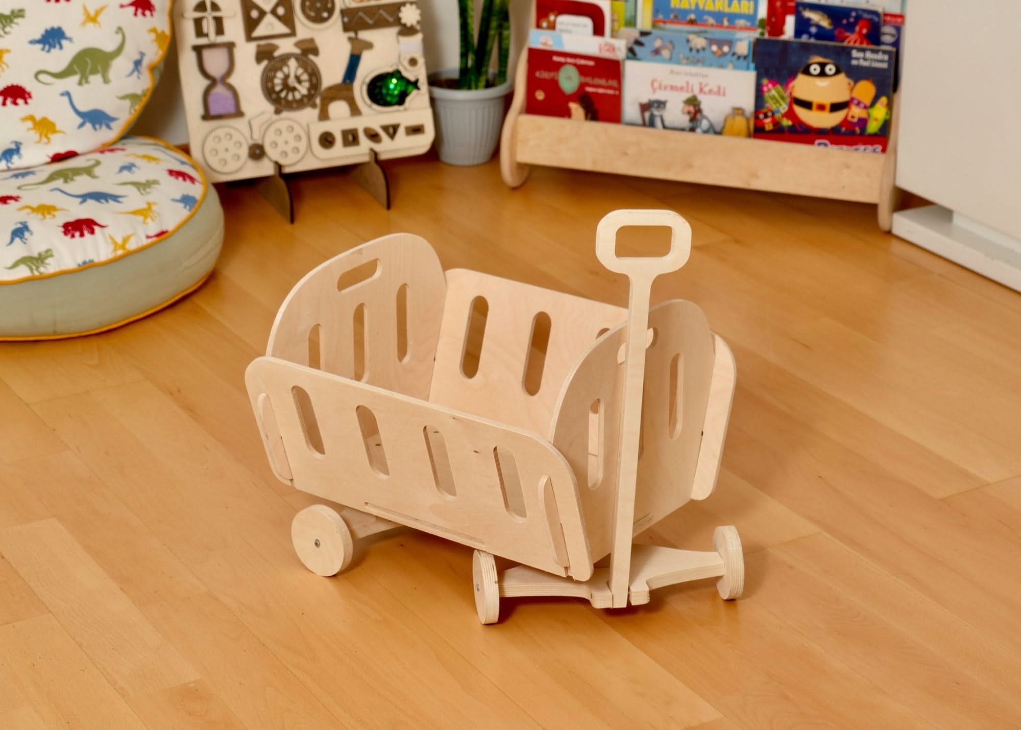 Montessori wooden toy storage organizer on wheels, designed for kids' playroom and nursery decor.