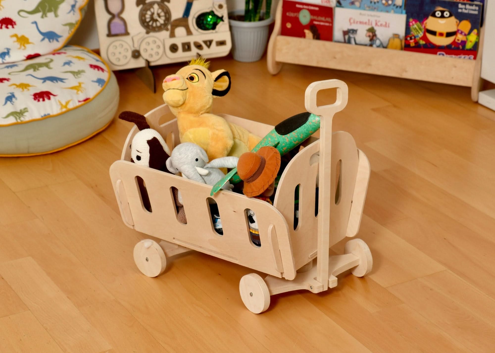 Montessori wooden toy organizer with plush toys in a playroom, promoting stylish and eco-friendly storage.