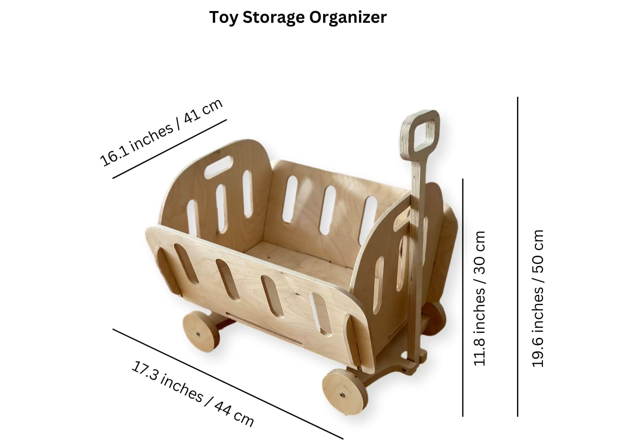 Eco-friendly Montessori wooden toy storage organizer dimensions with rolling wheels and child-safe design.