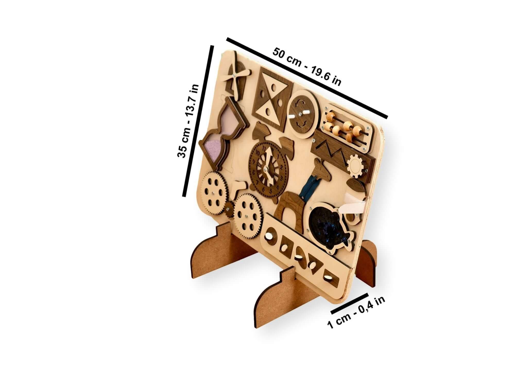 Wooden Busy Board for toddlers with 12 hands-on activities, perfect for sensory learning and exploration.