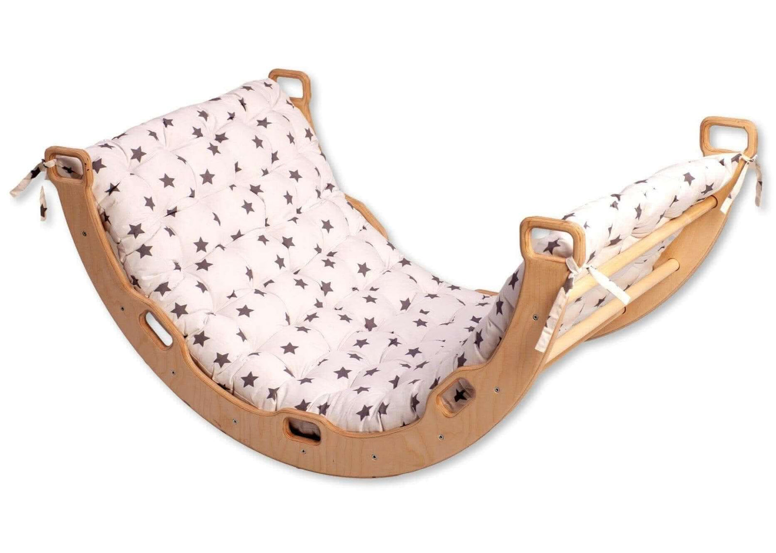 Original Kidodido curved wooden rocker with white star cushion