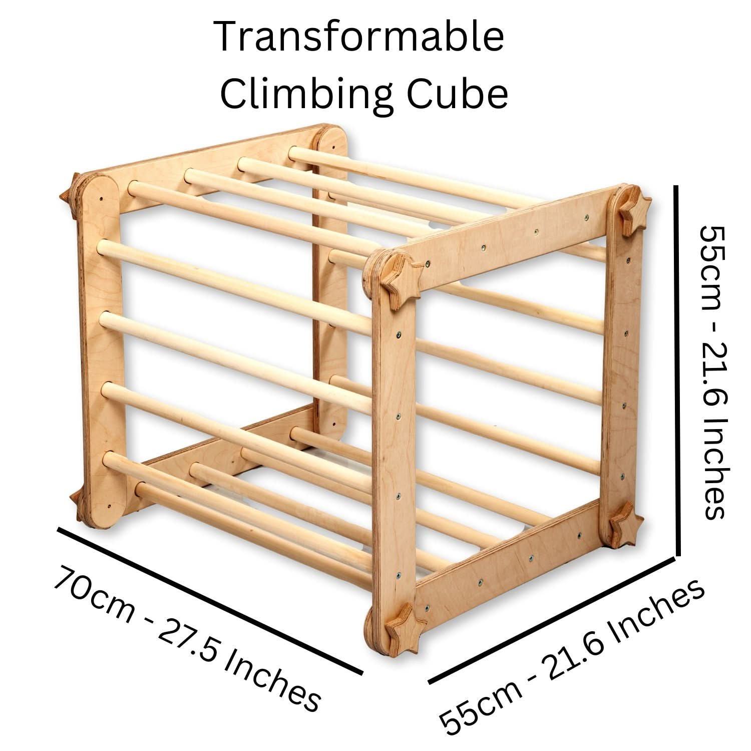 Transformable climbing cube with dimensions on a white background
