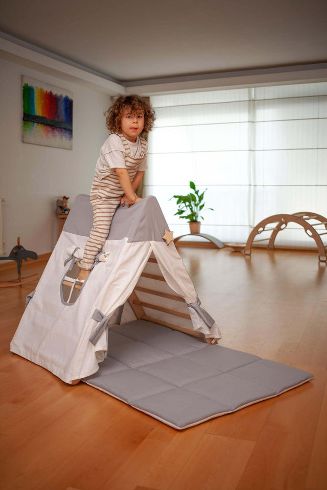 Tent Cover and Mat for Climbing Triangle Tent Cover and Play Mat (White and Gray) - Kidodido